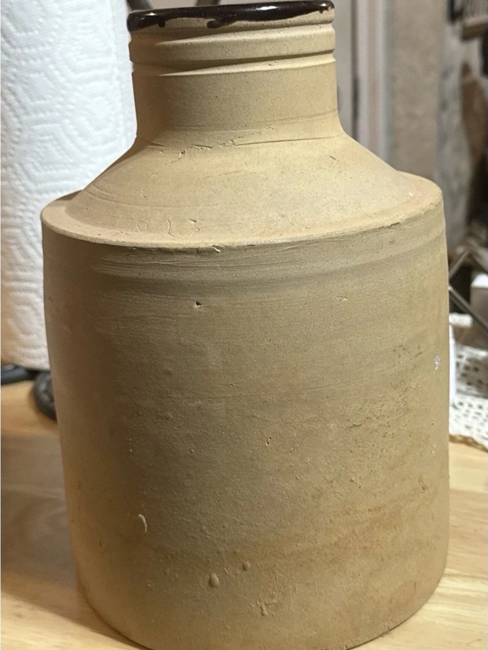 Source Unknown Tan Ceramic Jug with Dark Brown Rim